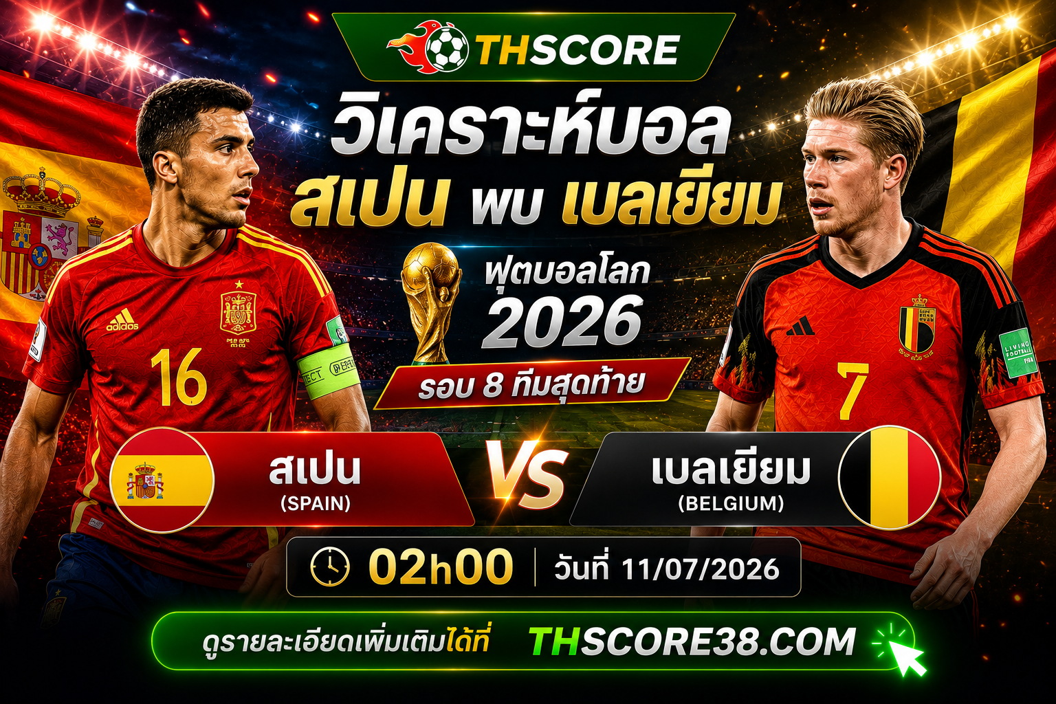วิเคราะห์บอล สเปน พบ เบลเยียม 02h00 วันที่ 11/07/2026 – ฟุตบอลโลก 2026 รอบ 8 ทีมสุดท้าย